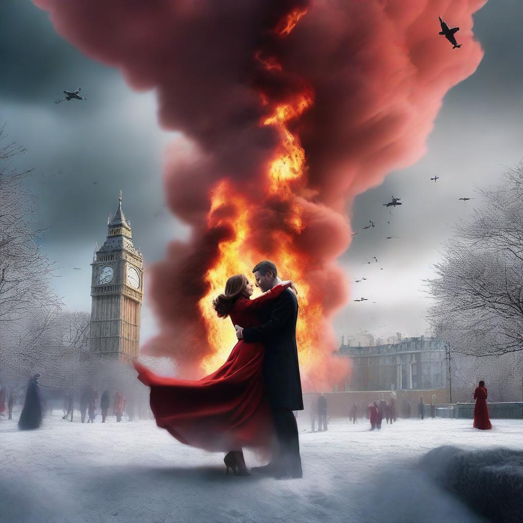 Generate an image of a surreal alternate world where a London Ben Tower is engulfed in fire and smoke