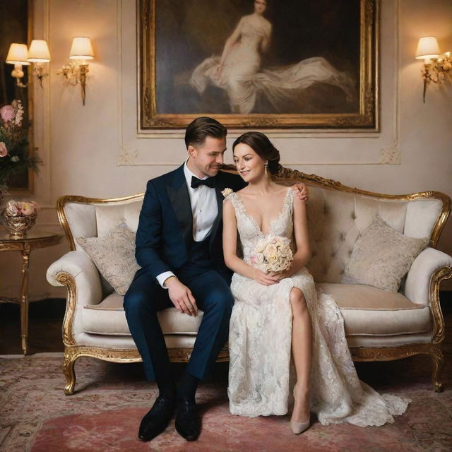 An elegant couple seated on a luxurious sofa, the room is filled with love and warmth.