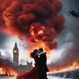 Generate an image of a surreal alternate world where a London Ben Tower is engulfed in fire and smoke