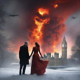 Generate an image of a surreal alternate world where a London Ben Tower is engulfed in fire and smoke