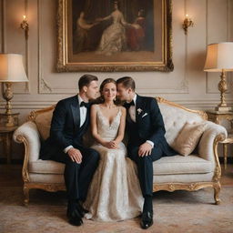 An elegant couple seated on a luxurious sofa, the room is filled with love and warmth.