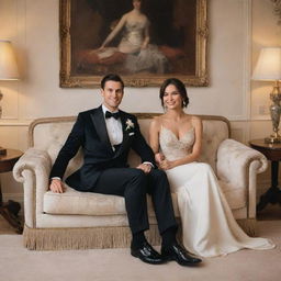 An elegant couple seated on a luxurious sofa, the room is filled with love and warmth.