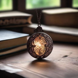 A magical pendant with an intricate design sits on an old wooden table