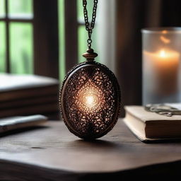 A magical pendant with an intricate design sits on an old wooden table