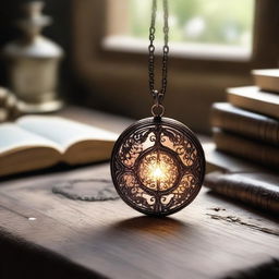 A magical pendant with an intricate design sits on an old wooden table