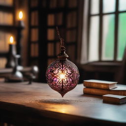 A magical pendant with a mesmerizing glow lays on an antique wooden table