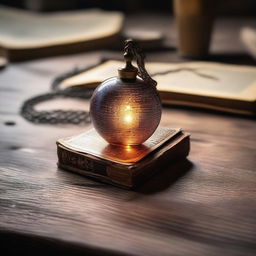 A magical pendant with a mesmerizing glow lays on an antique wooden table