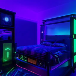 A bedroom with a gaming aesthetic, featuring a bed under the glow of vibrant RGB lighting.