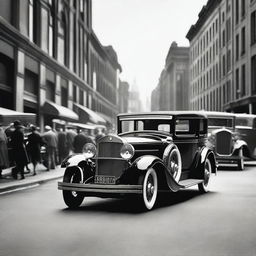 Generate an image that captures the essence of the 1920s, including elements such as vintage cars, flapper dresses, jazz musicians, and old-time city streets