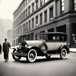 Generate an image that captures the essence of the 1920s, including elements such as vintage cars, flapper dresses, jazz musicians, and old-time city streets