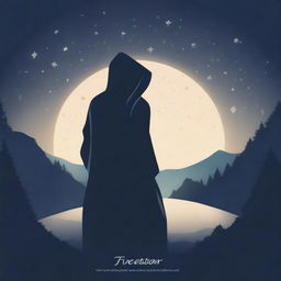 Create a stylized image of a hooded figure standing against a backdrop of stars or a fantasy landscape