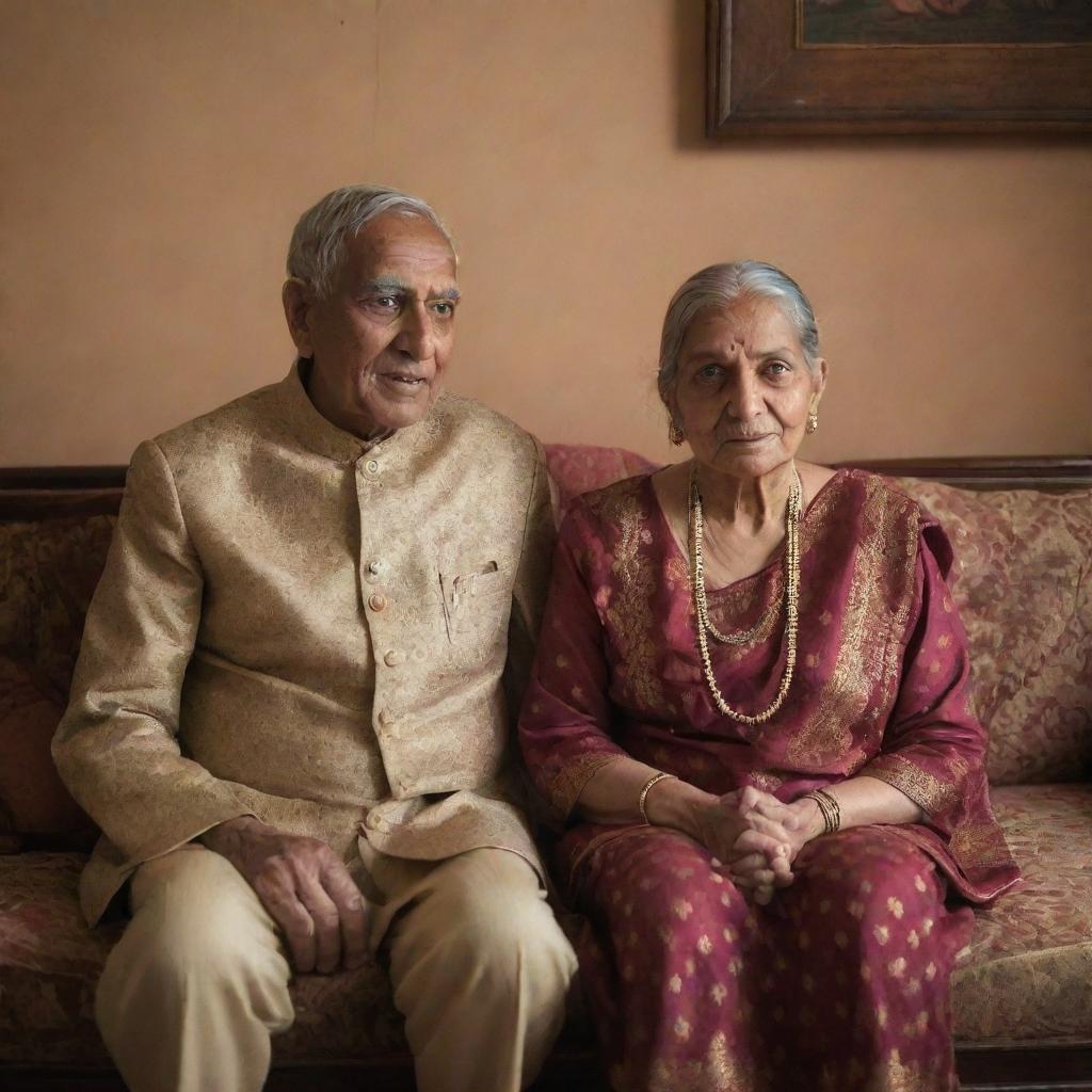 An elderly couple dressed in traditional Indian clothing, sitting lovingly on a sofa within a warmly lit room.