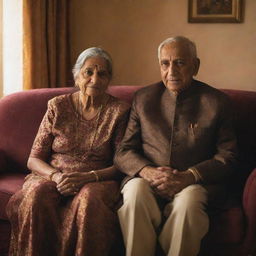 An elderly couple dressed in traditional Indian clothing, sitting lovingly on a sofa within a warmly lit room.