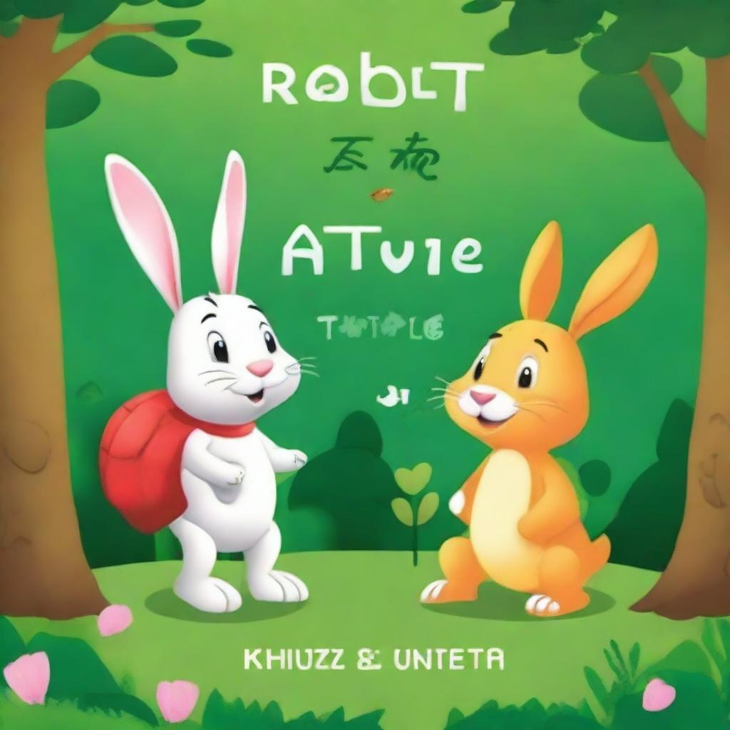 Create a book cover for a children's story titled 'Rabbit and Turtle' by Khizar Aeitzaz