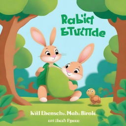 Create a book cover for a children's story titled 'Rabbit and Turtle' by Khizar Aeitzaz