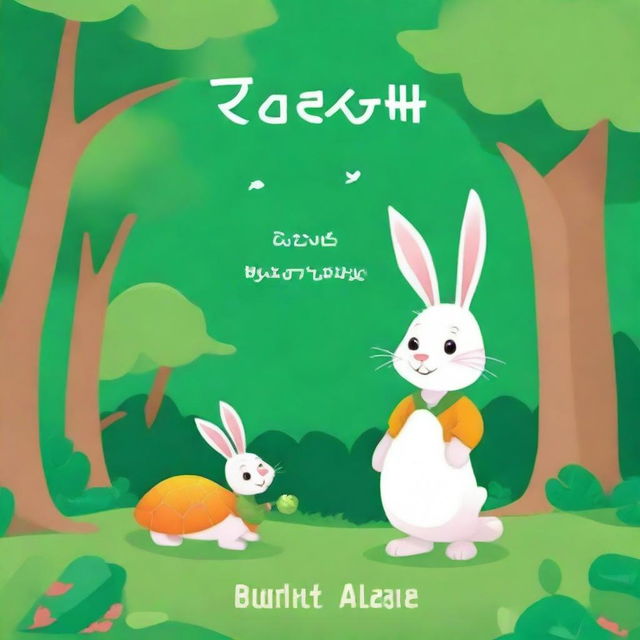 Create a book cover for a children's story titled 'Rabbit and Turtle' by Khizar Aeitzaz