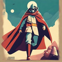 Create a vintage-style poster featuring a heroic figure wearing a wool poncho, reminiscent of classic sci-fi and fantasy movie posters