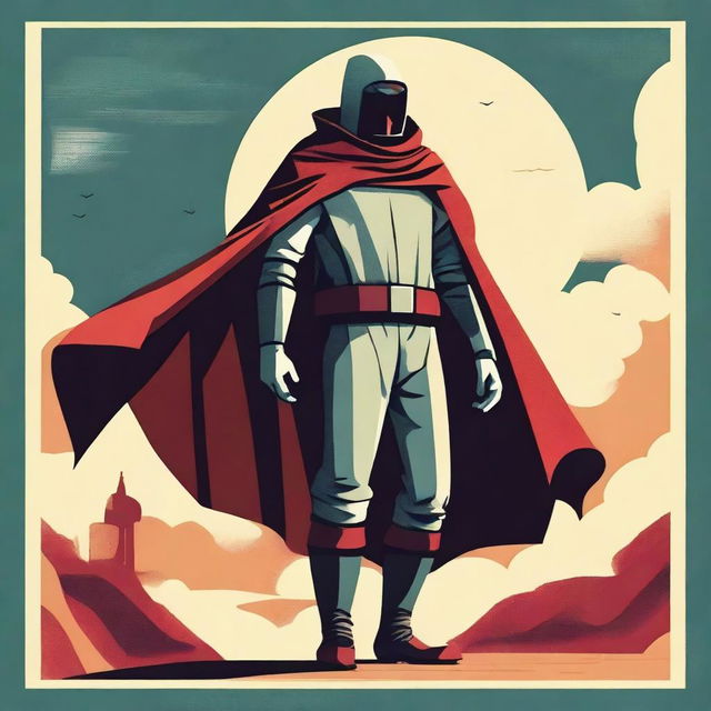 Create a vintage-style poster featuring a heroic figure wearing a wool poncho, reminiscent of classic sci-fi and fantasy movie posters