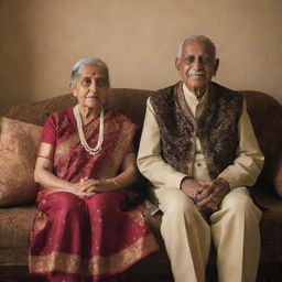 An elderly couple dressed in traditional Indian clothing, sitting lovingly on a sofa within a warmly lit room.