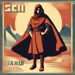 Create a vintage-style poster featuring a heroic figure wearing a wool poncho, reminiscent of classic sci-fi and fantasy movie posters