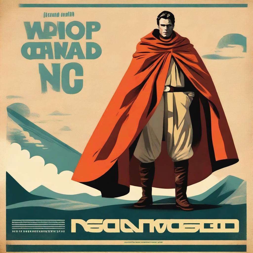 Generate a vintage-style poster featuring a heroic figure draped in a wool poncho