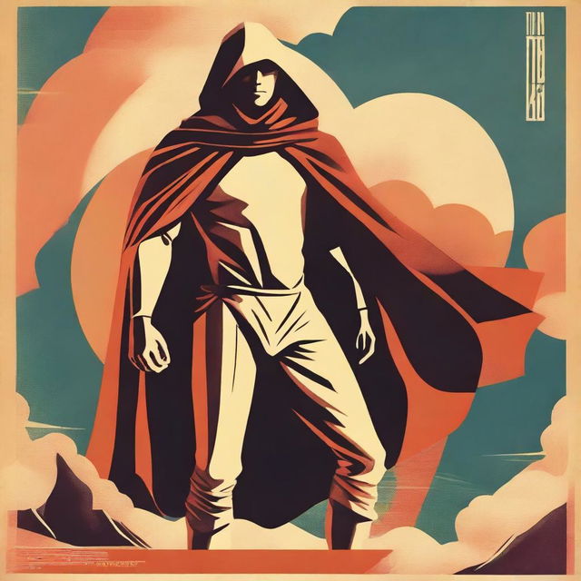 Generate a vintage-style poster featuring a heroic figure draped in a wool poncho