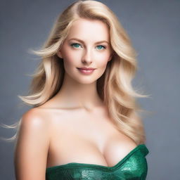 Generate an image of an attractive blonde woman with emerald green eyes and a large bust. She has a captivating allure.