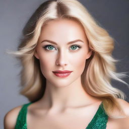 Generate an image of an attractive blonde woman with emerald green eyes and a large bust. She has a captivating allure.