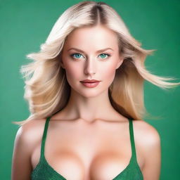 Generate an image of an attractive blonde woman with emerald green eyes and a large bust. She has a captivating allure.