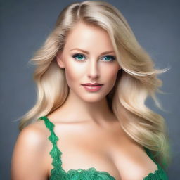 Generate an image of an attractive blonde woman with emerald green eyes and a large bust. She has a captivating allure.