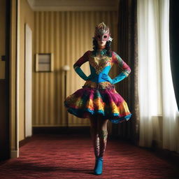 A woman stands in a hotel room, adorned in a vibrant, carnival-inspired dress, gloves, and socks