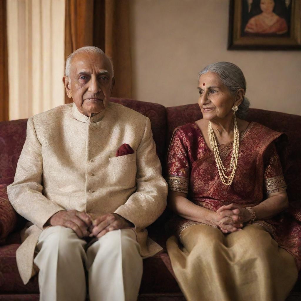 An elderly couple dressed in traditional Indian clothing, sitting lovingly on a sofa within a warmly lit room.