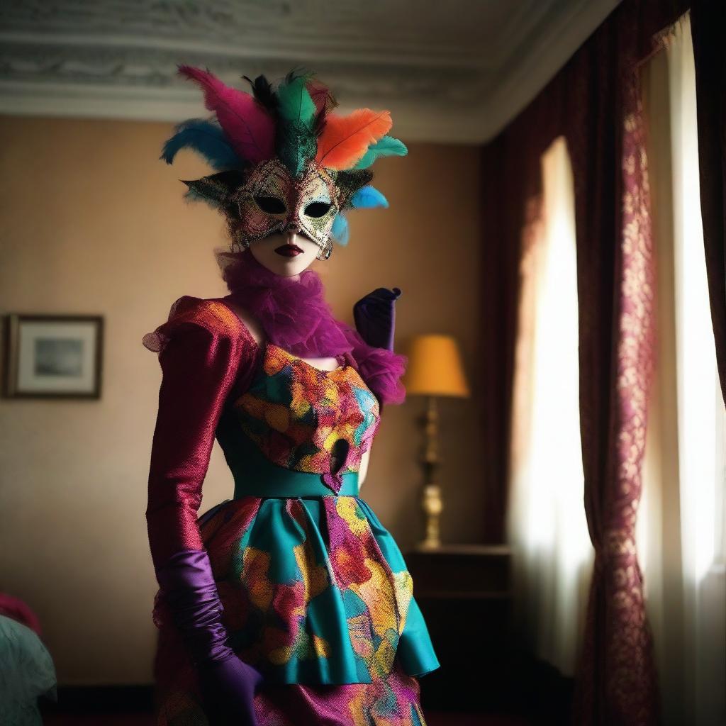 A woman stands in a hotel room, adorned in a vibrant, carnival-inspired dress, gloves, and socks