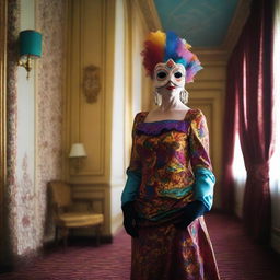 A woman stands in a hotel room, adorned in a vibrant, carnival-inspired dress, gloves, and socks