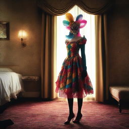 A woman stands in a hotel room, adorned in a vibrant, carnival-inspired dress, gloves, and socks