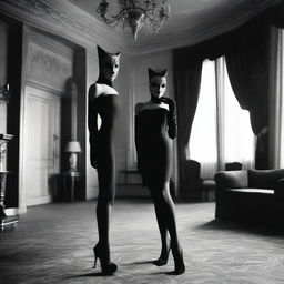 A woman stands in an opulent hotel room, dressed in a sensual, form-fitting dress, accompanied by a mysterious mask, long gloves, and high socks