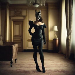 A woman stands in an opulent hotel room, dressed in a sensual, form-fitting dress, accompanied by a mysterious mask, long gloves, and high socks