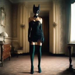 A woman stands in an opulent hotel room, dressed in a sensual, form-fitting dress, accompanied by a mysterious mask, long gloves, and high socks