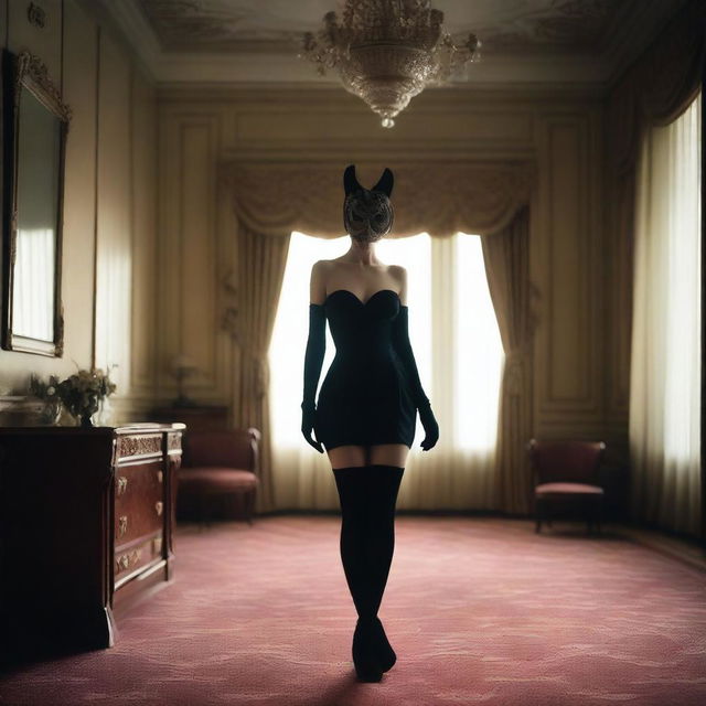 A woman stands in an opulent hotel room, dressed in a sensual, form-fitting dress, accompanied by a mysterious mask, long gloves, and high socks