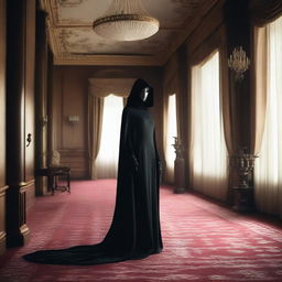 A woman, cloaked in mystery with a sensual, form-fitting dress and a mask, stands in an opulent hotel room