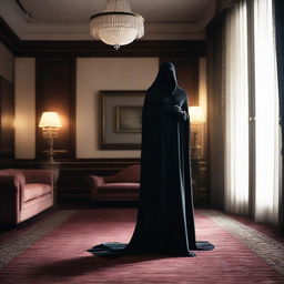 A woman, cloaked in mystery with a sensual, form-fitting dress and a mask, stands in an opulent hotel room