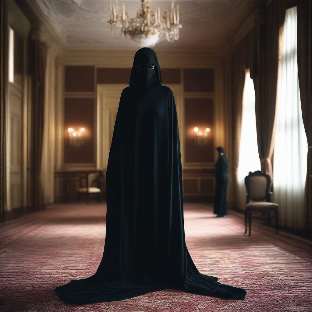 A woman, cloaked in mystery with a sensual, form-fitting dress and a mask, stands in an opulent hotel room