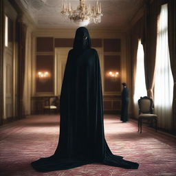 A woman, cloaked in mystery with a sensual, form-fitting dress and a mask, stands in an opulent hotel room