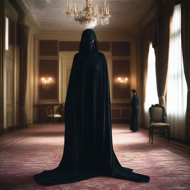 A woman, cloaked in mystery with a sensual, form-fitting dress and a mask, stands in an opulent hotel room