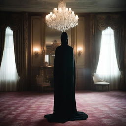 A woman, cloaked in mystery with a sensual, form-fitting dress and a mask, stands in an opulent hotel room