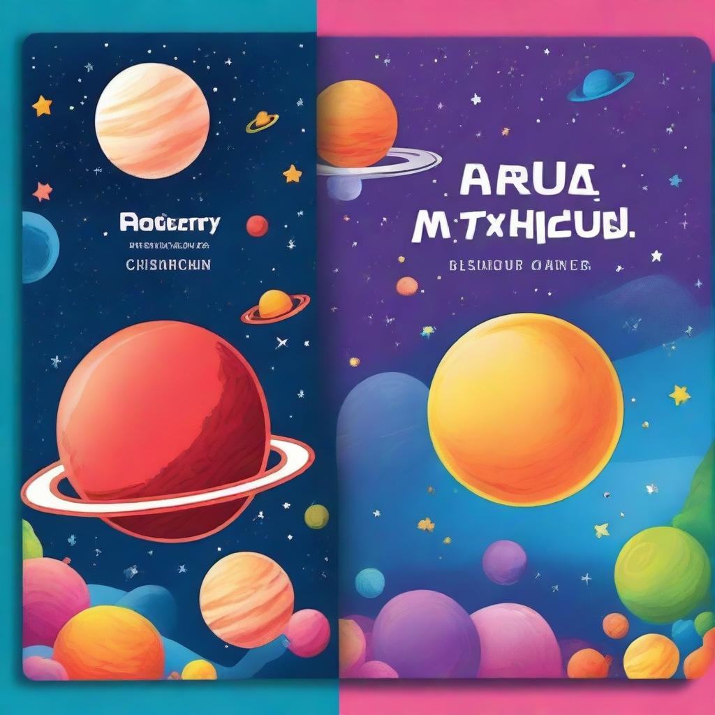 Design a vibrant and engaging front and back book cover for children, with a theme of space and planets, using a style reminiscent of Adobe Illustrator and Photoshop