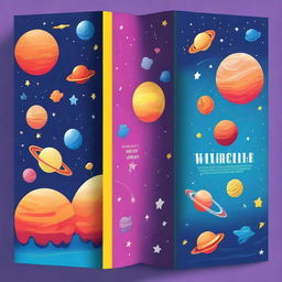 Design a vibrant and engaging front and back book cover for children, with a theme of space and planets, using a style reminiscent of Adobe Illustrator and Photoshop