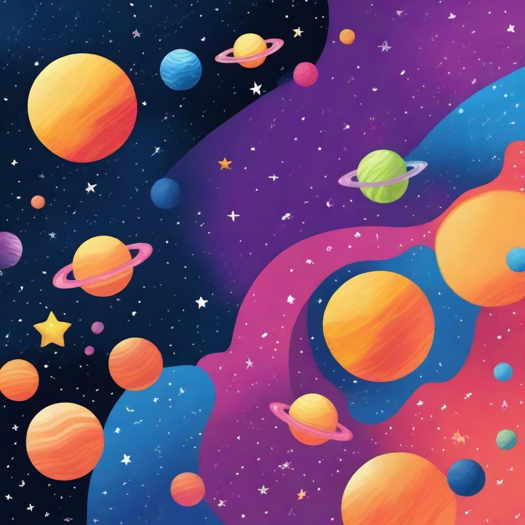 Design a vibrant and engaging front and back book cover for children, with a theme of space and planets, using a style reminiscent of Adobe Illustrator and Photoshop