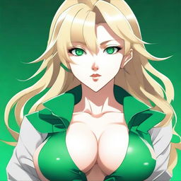 Generate a full body anime-style image of an attractive blonde woman with emerald green eyes and a large bust