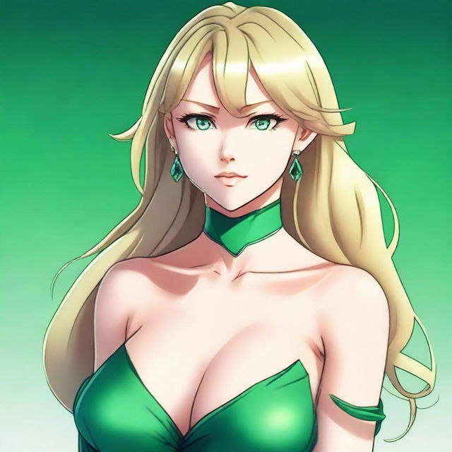 Generate a full body anime-style image of an attractive blonde woman with emerald green eyes and a large bust